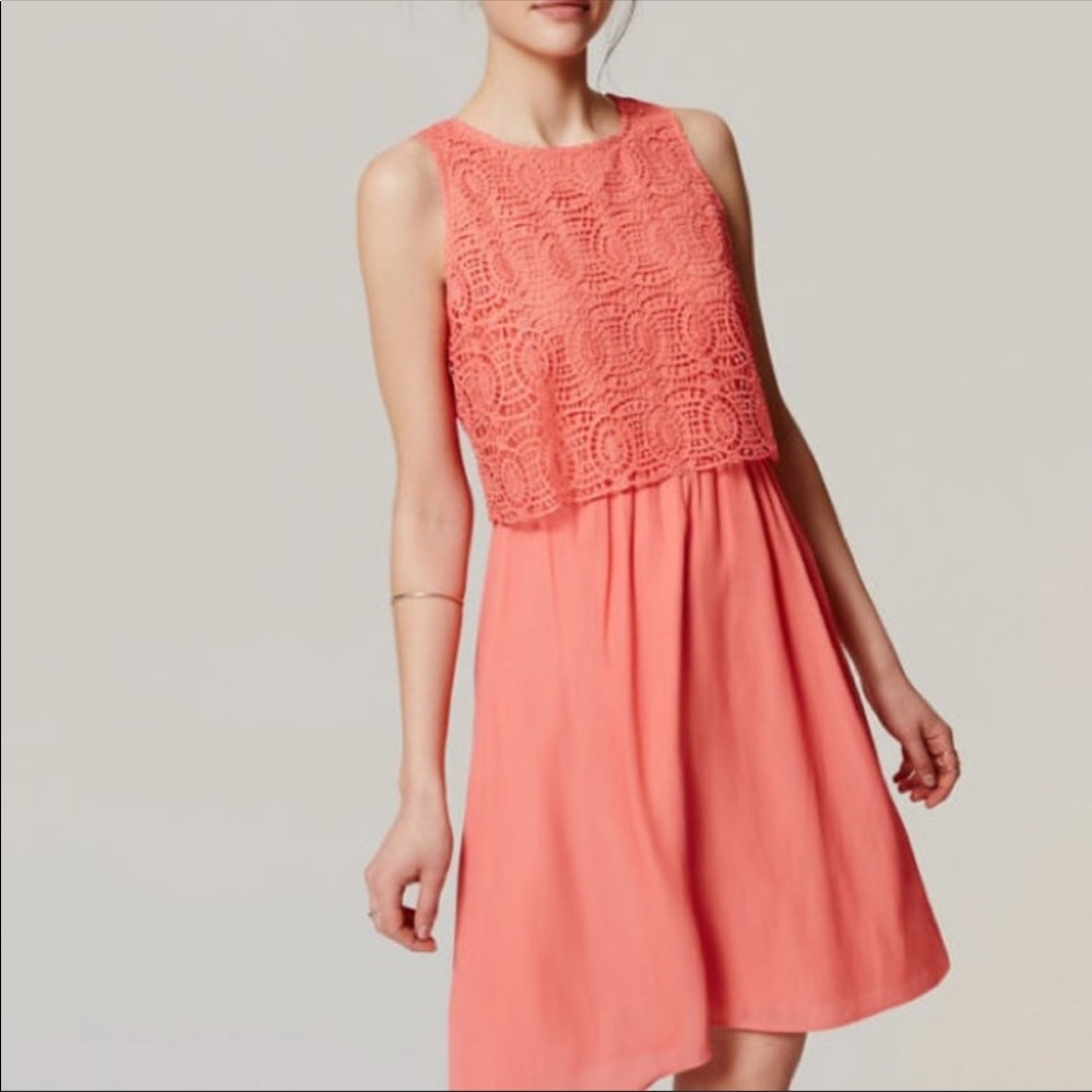 LOFT Coral Lace Overlay Midi Dress
